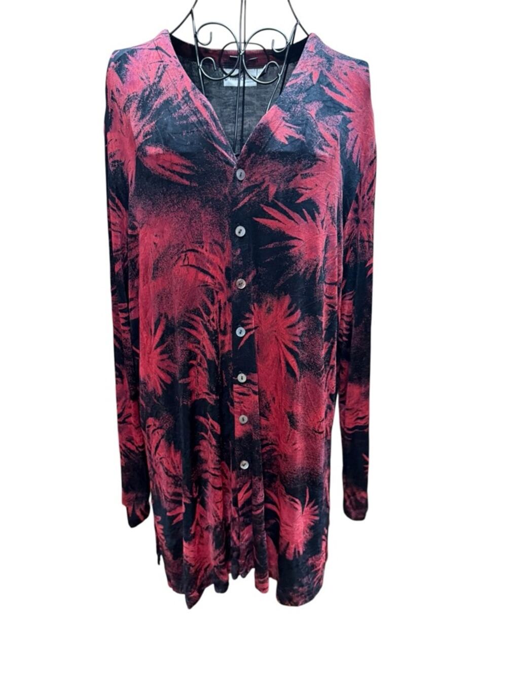 Private Edition by Chico's Black Cardigan Top with Pink Print size 3